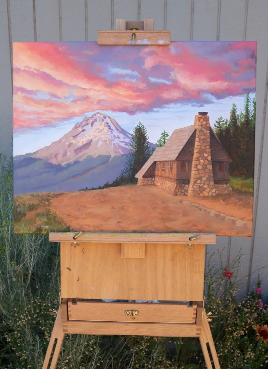 Finished Gov Camp mountain cabin landscape painting on an easel