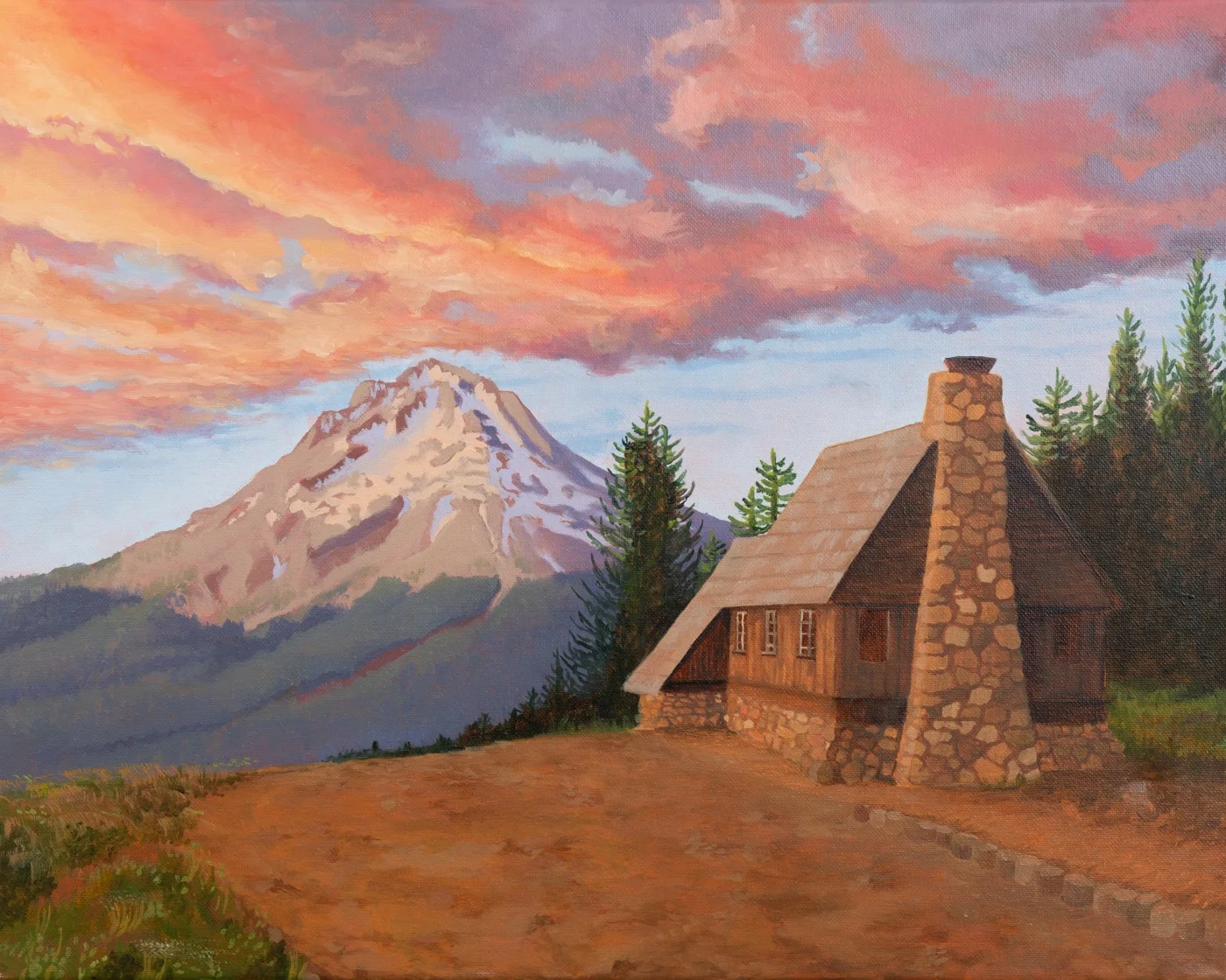 Oil painting, Gov Camp mountain cabin, on an easel