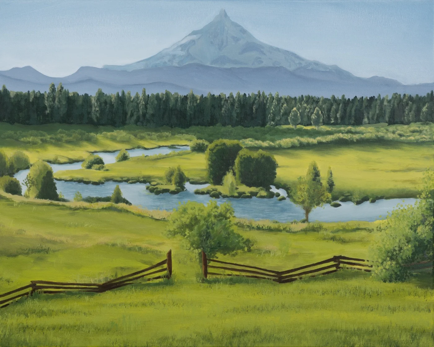 Oil painting, House on Metolius, Mt. Hood and river