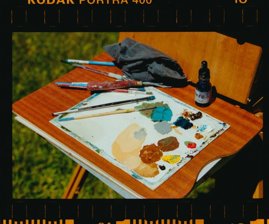 Holly's palette and brushes on location, film scan